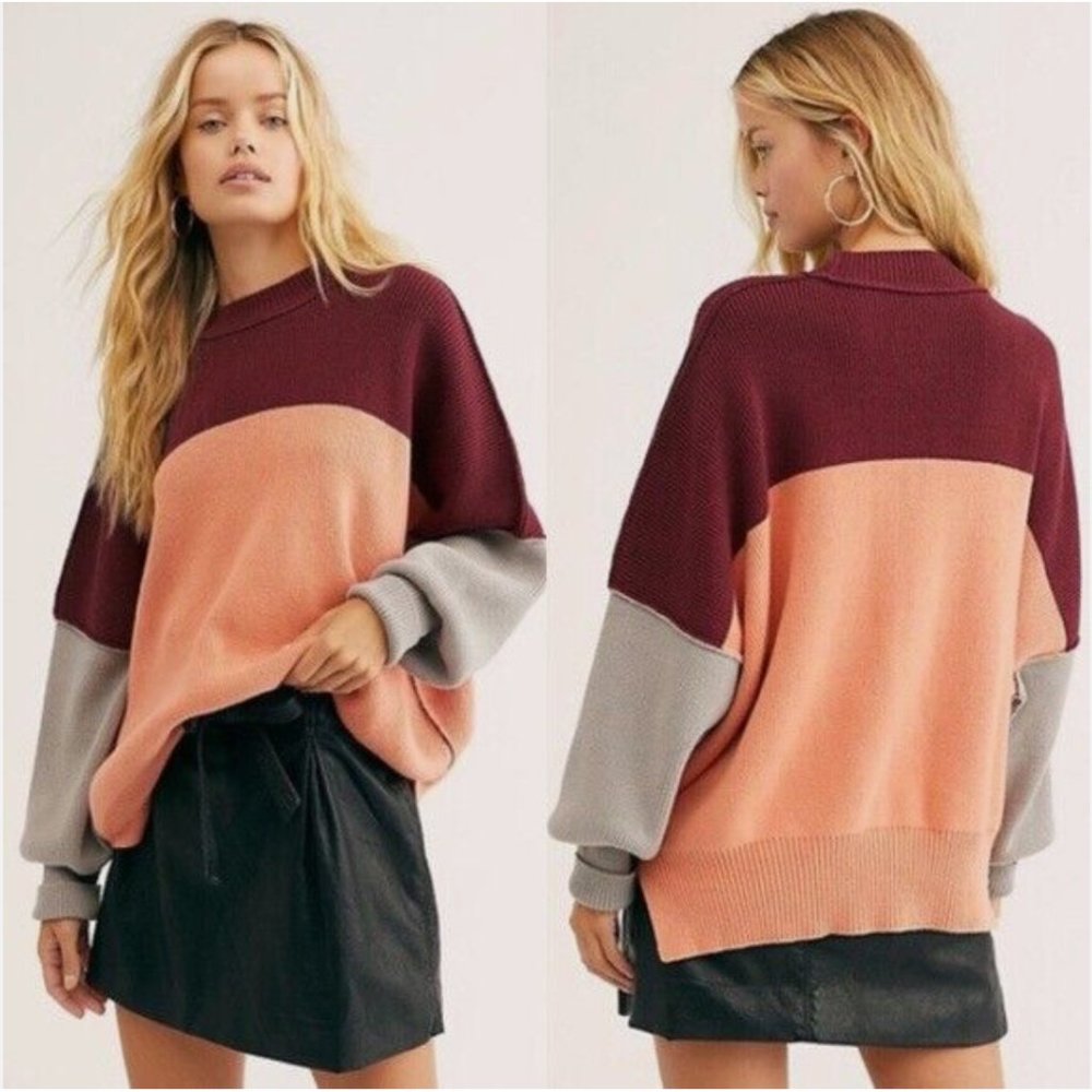 Free People Easy Street Oversized Tunic Sweater in Colorblock Maroon/Grey/Peach